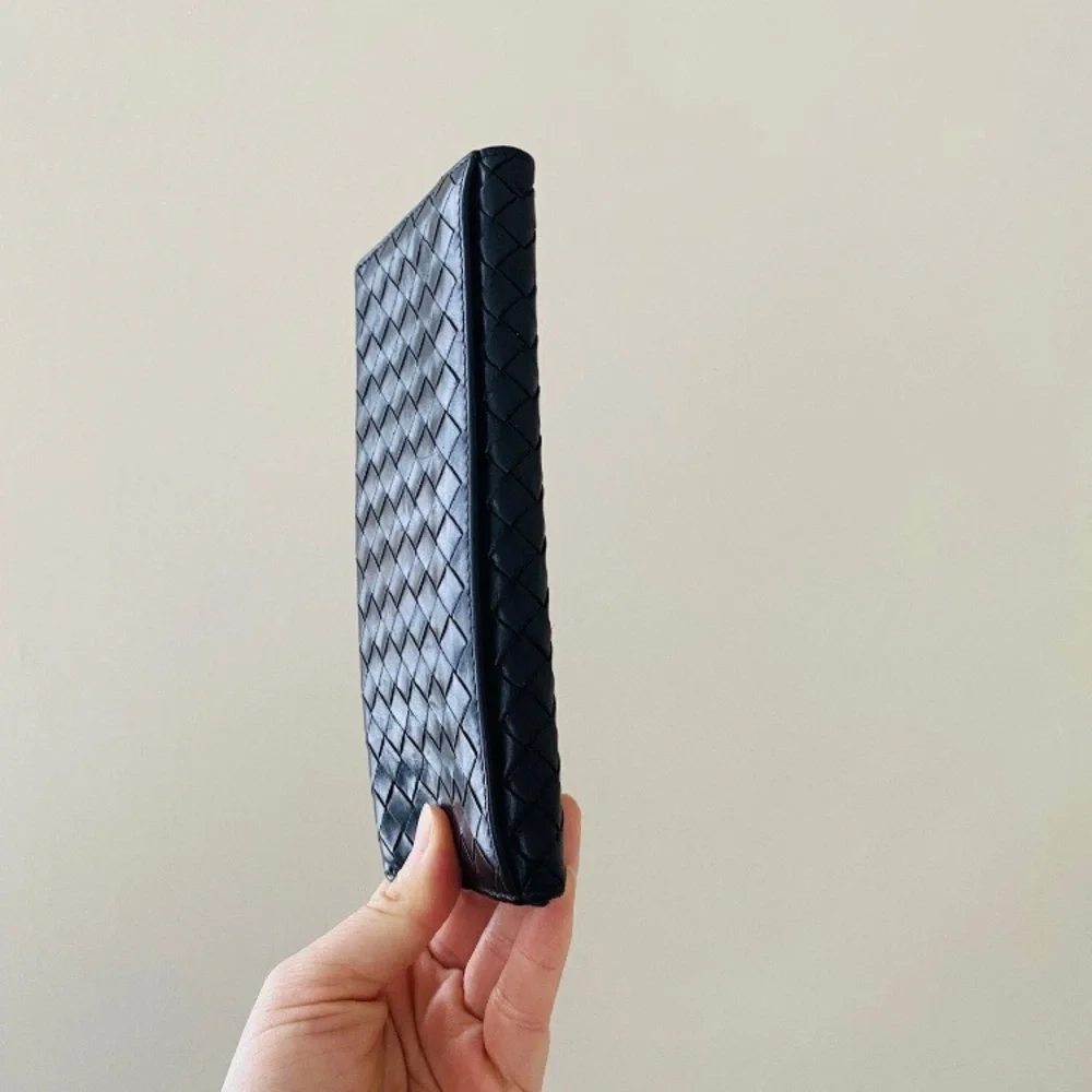 $990 Bottega Veneta Nappa Black Leather Intrecciato Flap Bifold Long Wallet